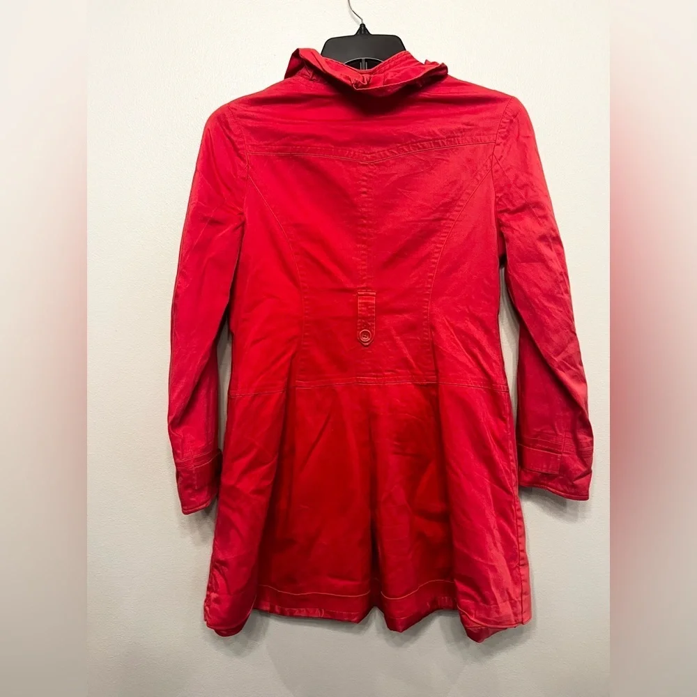 Elle‎ Women's Vibrant Red Trench Coat Ruffle Missing Belt Size Medium